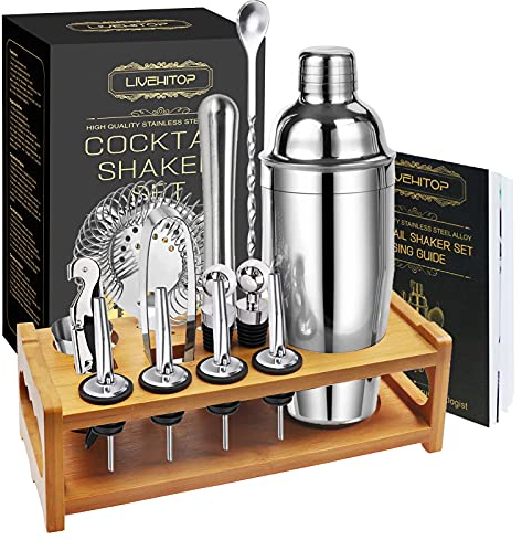 LIVEHITOP Cocktail Shaker Kit with Stand, 15PCS Bartender Set with 750ml Stainless Steel Shaker, Gift Set with Recipe Book for Drink, Home, Bar, Party