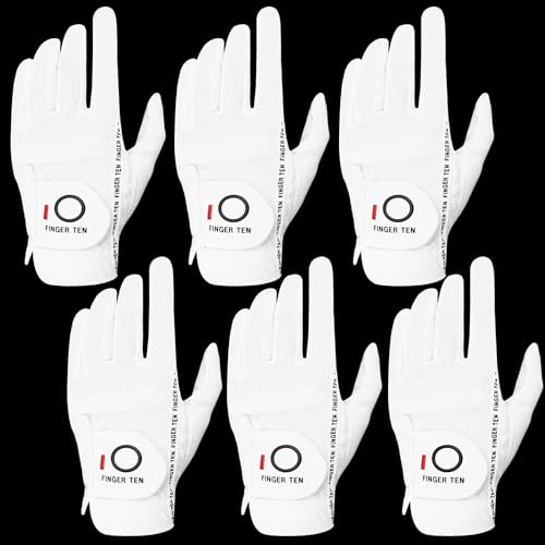 FINGER TEN Golf Gloves Men Right Left Handed Golfer Mens Glove RainGrip Hot Wet Weather Value 6 Pack, All Weather in White Medium (White, Medium, Left)
