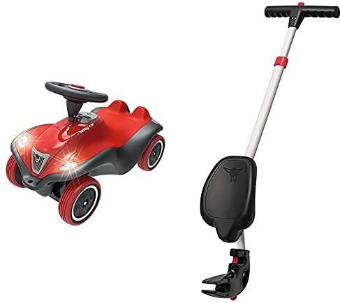 Big-Bobby-Car Next - Deluxe Variante, Kinderfahrzeug mit LED-Front Scheinwerfer, Flüsterreifen und weichem Sitz, belastbar bis zu 50kg, rot & ge - 4-Fach höhenverstellbare Schiebestange