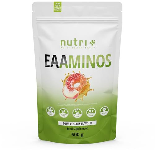 EAA Amminoacidi essenziali Sour Peaches Vegan - 500 g di polvere - Alto dosaggio - Tutti gli aminoacidi essenziali - EAA al gusto di pesca acida - Nutri-Plus Sports