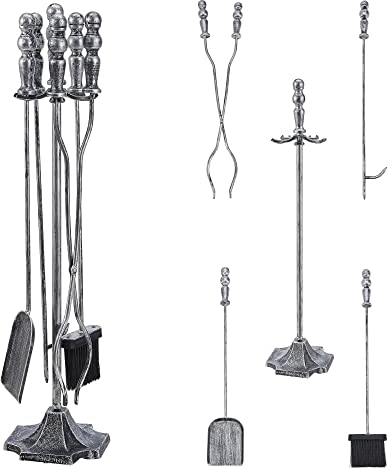 [en.casa] Set di Attrezzi da Caminetto, Kit in Metallo per Camino Composto di Paletta, Scopino, Attizzatoio, Pinza e Supporto - Color Argento