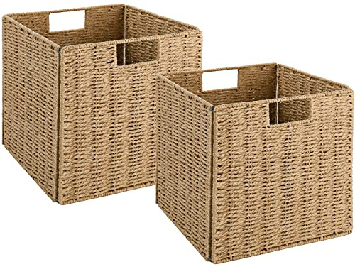 Vagusicc Wicker Storage Basket, Set of 2 Hand-Woven Storage Baskets for Shelves with Handles Foldable Cube Storage Baskets Bins, 9 inch Wicker Baskets for Pantry Bedroom Organizer &Decor, Natural