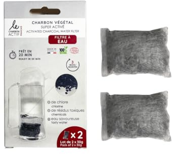 Le Charbon Actif Français Lot de 2 filtres à eau Charbon actif végétal français Granules super activées - En 20 MINUTES seulement - Naturel pour carafe, bouteille, gourde - Filtre l'eau courante