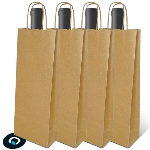 25 Sacchetti Porta Bottiglie Vino in Carta Kraft, 14 x 8.5 x 39.5 cm - Shopper Regalo Porta Bottiglie, Manici Rinforzati, Buste per Vino, Champagne, Birra - Carta Riciclata Ecologica e Robusta, Avana