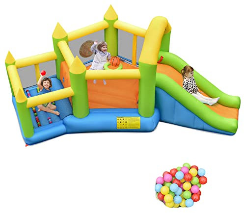 DREAMADE Château Gonflable pour Enfants 3-10 Ans, Aire de Jeux Multifonctionnelle avec Zone de Saut, Toboggan, Piscine à Balles, Panier de Basket, Utilisation Intérieure & Extérieure (sans Gonfleur)