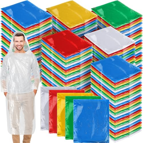 Handepo 150 Pack of Adult Rain Ponchos with Hood, Disposable Rain Ponchos, Plastic Raincoat Poncho for Adult Homeless(Multicolor)