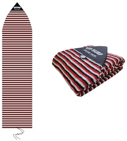 UPSURF - Custodia protettiva lunga per tavola da surf, 183 cm x 48 cm, Nero, Bianco, Rosso, Strisce, Tasca per cera o pettine, Chiusura con coulisse, Morbido, Corda