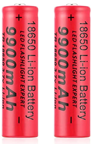 Pilas Recargable, 3,7V Litio Batería, Li-Ion Recargable Batería, 9900mAh Alta Capacidad Batería Linterna/Dron/Luces Solares, Batería Top Botón de Larga Vida para Coches RC (2PCS)