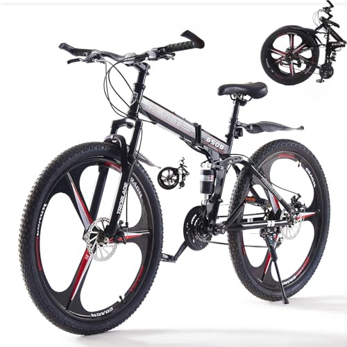 LSBIKE 24 26 27.5In Foldable Mountain Bike Dual Suspension Hardtail Bicycle Men Women Mountain Bike 21 Speed Drivetrain Lightweight Frame Sport Cycling Bike for Adult (Black Red, 26inch)