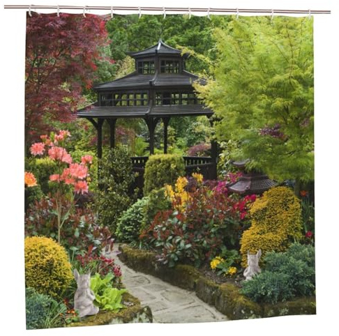 Garden Outdoor View Shower Curtain, 3D Flowers Trees Nature Scenery Garden Decoration, Quick-Drying Polyester Waterproof Bath Bathroom Shower Curtain Decor with Hooks, 150X180cm/ 59X71 inch