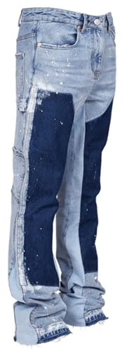 M&Catree Pantalones Vaqueros Hombre Jeans Baggy Y2K Streetwear con Salpicaduras Patchwork Estilo Casual Hip Hop Bootcut - Azul Claro, M