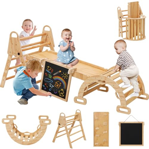 EULEUY 8en1 Madera Triangle Set Triángulo de Escalada Montessori de Interior con Arco Montessori Madera, Tobogán y Mini Tablero de Dibujo Infantil Parque de Escalada Montessori de 1 a 6 Años