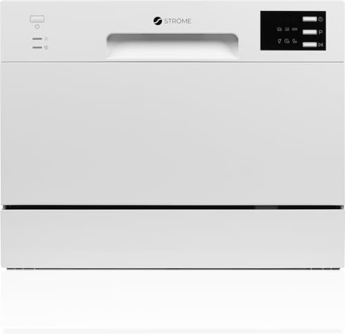 Ströme bänkdiskmaskin 6 kuvert – kompakt diskmaskin med LED-display, 6 program, 5 temperaturer, timer, tyst 49 dB, vit, energiklass E (TDW55C01/WH)