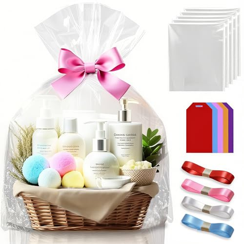Pellicola regalo trasparente per sacchetti di cellophane, grande set con ciondolo, per regali, sacchetti regalo, carta da regalo trasparente, sacchetti di cellophane trasparenti, 5 pezzi, 100 x 75 cm