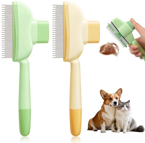 2 Stück Selbstreinigender Katzenkamm für Haustiere, Fellblitz Bürste, Flohkamm für Katzen Hunde, Haarkamm für Katzenhaare mit Entriegelungsknopf, Katzenbürste für Reinigung von Losem Verknotetem Fell