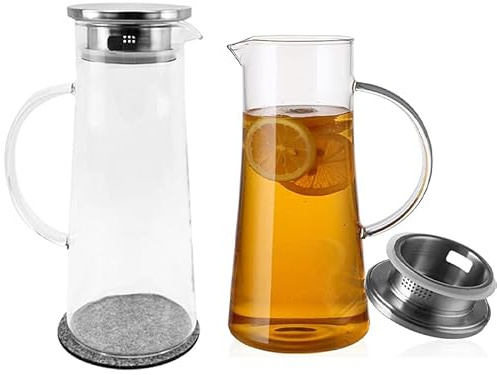 HASAYAKI Brocca in vetro con coperchio, caraffa con tappetino, caraffa da 1,5 l, per tè freddo, acqua calda fredda, succo, latte, vino, caffè, confezione da 2