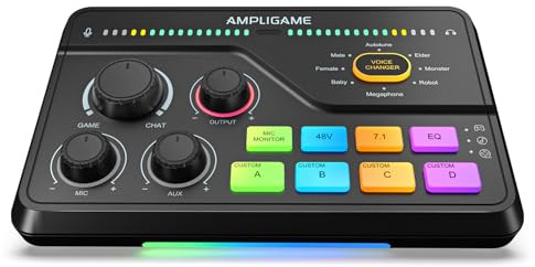 FIFINE RGB Gaming Audio Interface with XLR Preamp, 7.1ch Surround Sound Headphone Amp, EQ Modes, Voice Changer, Game/Chat Balance for Streaming, Living, Voice Chat, Audio Mixer - SC8