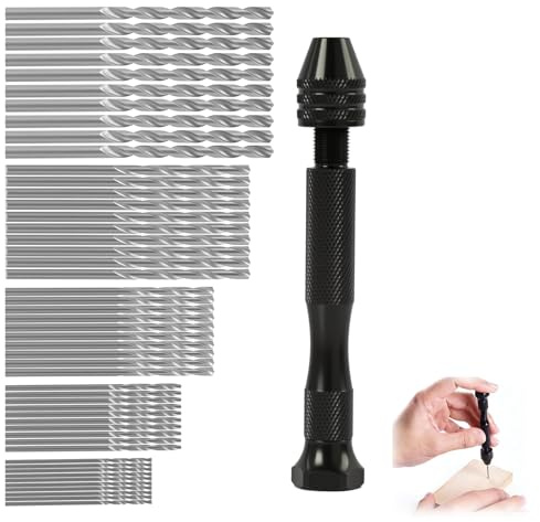 Set di punte per trapano a mano – nero + 50 punte elicoidali argentate 5 misure (1/1,5/2/2,5/3 mm, 10 pezzi ciascuno), per artigianato per bambini, legno e castagne