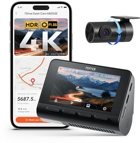 70mai A800SE Dashcam 4K+1080P GPS WiFi, Doppia Telecamera Auto Fronte/Retro, F1.55, HDR, Visione Notturna, ADAS, Schermo 3, Parcheggio 24/7, Supporta fino a 512GB (scheda SD non inclusa)