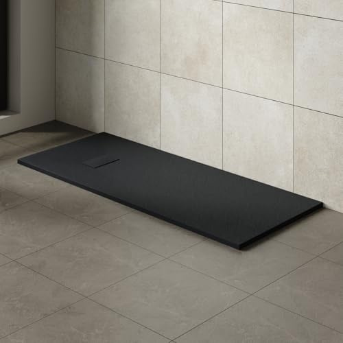 Aquariss SMC Anti Slip Rectangular 1600 x 700 mm Wetroom Shower Tray Black | Slate Effect Shower Tray, Slimline, Bathroom Wet Room Shower Cubicle Base, for Walk In Shower Door, Durable