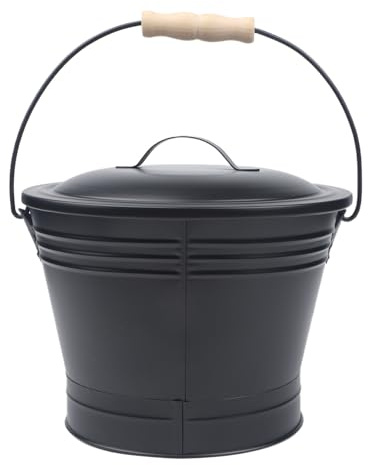Lapiglo Cubo redondo para cenizas con tapa y pala, para cubo ignífugo de hierro galvanizado resistente con mango de madera, chimenea y parrilla de barbacoa