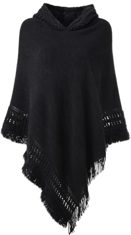 Ferand Ladies' Hooded Cape with Fringed Hem, Crochet Poncho Knitting Patterns for Women, Black