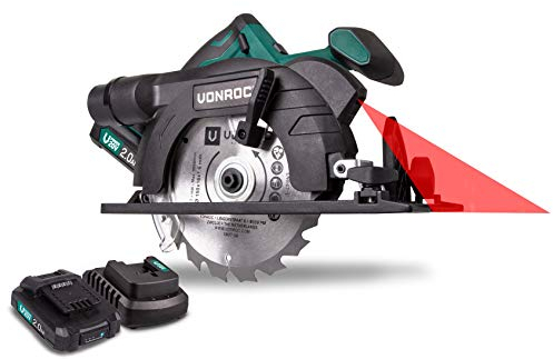 VONROC Sierra circular inalámbrica VPower 20V – juego completo con 2 baterías, cargador rápido, hoja de sierra, guía paralela y bolsa de almacenamiento