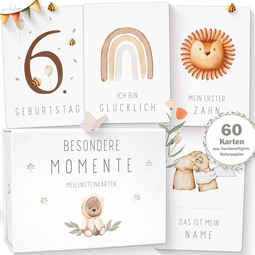 OLGS 60 Baby Meilensteinkarten Teddy Lou | Erinnerungskarten, Monatskarten | Meilenstein Karten Set, Milestones + Geschenkbox | Baby Geschenk für Junge und Mädchen, Babykarten Besondere Momente