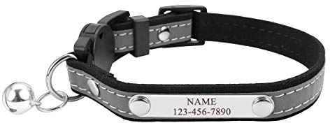 Mogokoyo Katzenhalsband mit Namen und Telefonnummer Personalisiert Reflektierend Katzenhalsband mit Sicherheitsverschluss Glöckchen Verstellbar Halsband für Katze Kitten (Schwarz)