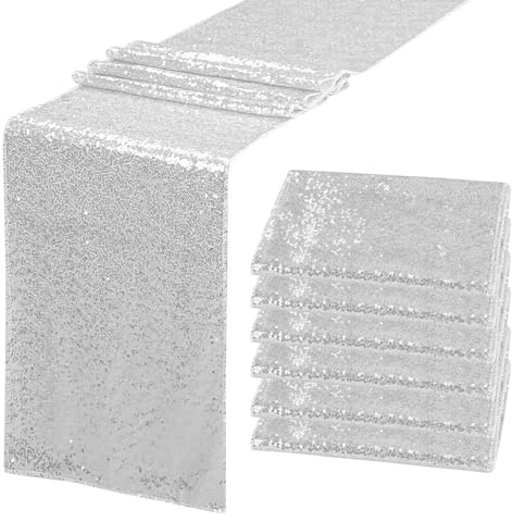 6 Pack Silver Sequin Table Runner 12 x 72 Sparkle Table Runner for Baby Bridal Shower Wedding Birthday Party Table Decor (Silver)