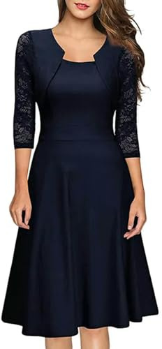 Nuevo Vestido de Fiesta de otoño para Mujer, Vestidos Formales de Encaje Floral con Manga 3/4 de Color sólido para Invitados de Boda, Elegante-Azul Oscuro-M