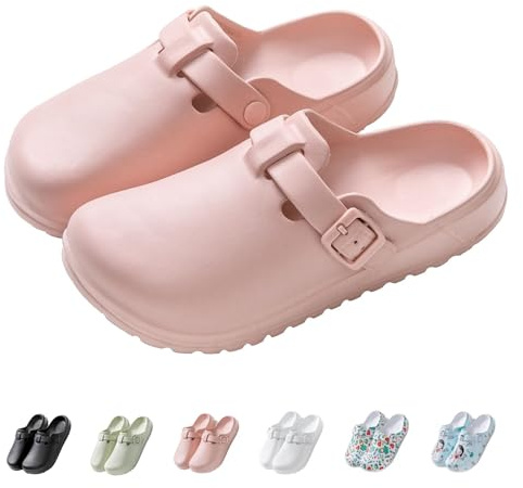 IDEINER Women Garden Clogs Shoes Men Slip on Mules Sandal Lightweight Nurse Kitchen Clogs Non-Slip Comfort Thick Sole Adjustable Buckle Slippers Ladies Clogs Walk Shoes Pink Size UK 6 (40)