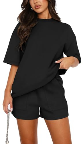 REORIA Women Cotton Short Sleeve Tracksuit Set Crew Neck Solid Color Shirt and Shorts with two Pockets two piece Outfit co ord Sets Black M