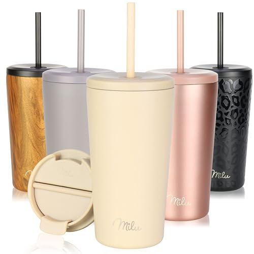 Milu Thermobecher 500ml - 100% Auslaufsicher - Edelstahl Kaffeebecher to go isoliert mit Strohhalm hält 10h heiß / 20h kalt, BPA-frei (Beige, 500ml)