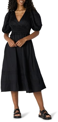 Amazon Essentials Robe Mi-Longue en Satin de Coton à Manches Bouffantes et Col en V, Coupe Ajustée et Évasée Femme, Noir, M
