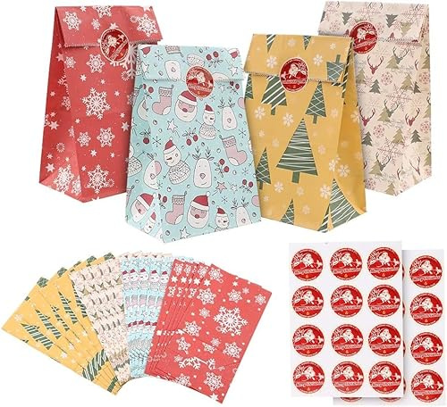 24 bolsas de Navidad pequeñas con pegatinas de sellado, bolsas de papel navideñas de fondo plano, bolsas de regalo pequeñas, paquete múltiple, bolsas de dulces navideños