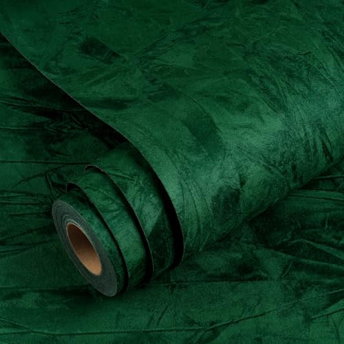 YENHOME Dunkelgrün Selbstklebende Tapete Samtstoff Wohnzimmer Tapeten 40x500cm Tapete Samtstoff Selbstklebend Wandtapete Dunkelgrün Möbelfolie Deko-Folie für Schlafzimmer und Möbelrenovierungen