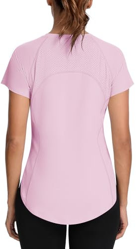 IECCP Damen Laufshirt mit Rücken Mesh Atmungsaktiv Sport Oberteil Schnell Trocken Sportshirt Rundhals Kurzarm Sport T-Shirt Fitness Yoga Top Rosa M