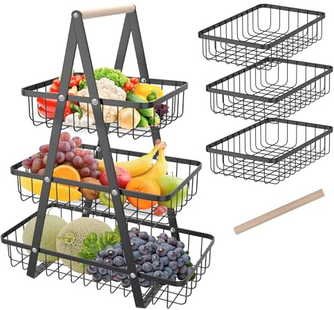 FIVMEN Frutero de 3 pisos negro con mango de madera y cesta hueca de metal extraíble, frutero para pan, fruta, almacenamiento para frutas, verduras, aperitivos