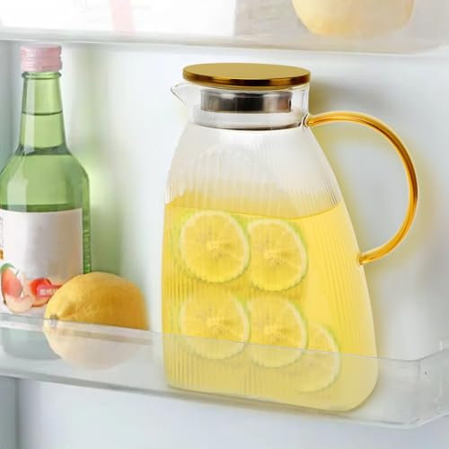 MIUUIPI 1,8 l/63 oz glas, karaff med lock och utlopp, kylskåp, glaskanna med lock av rostfritt stål, hög borosilikatglas vattenkaraff, istekanna för varma eller kalla hemlagade drycker