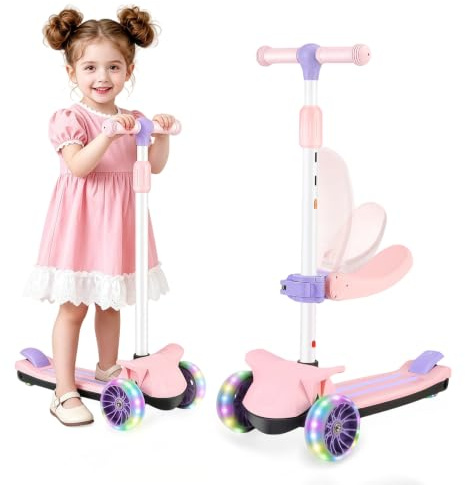 Wheelive 2 in 1 Kids Scooter with Removable Seat, Light up 3 Wheels Kick Scooter with 4 Adjustable Height Toddler Scooters Sit or Stand Ride for Boys & Girls 2-10 Years Old（Pink）