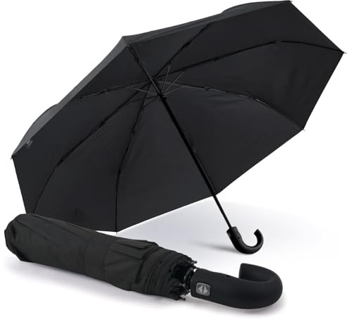 PERLETTI Paraguas Plegable Hombre Abre y Cierra Automático - Paraguas Antiviento Resistente Azul - Paraguas Cortaviento Ligero de Viaje con Mango Curvado - Diámetro 118 cm (Mango Curvado Negro)