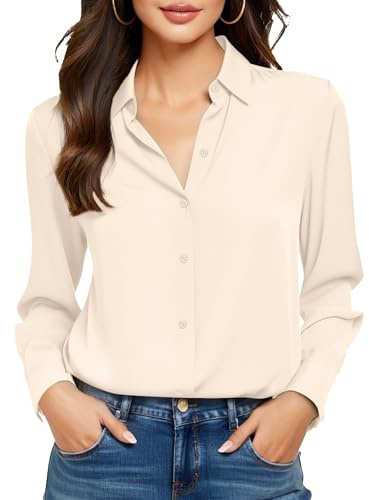 COUXILY Beige Dress Shirts for Women Button Down Up Long Sleeve Collar Fitted Top Business Collared Slim Fit Work Silk Shirt Wrinkle Free Blouses Solid Casual Outfits Blouse Cream Size M