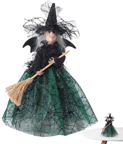 Witch Dolls with Broom | Witches with Hat Mesh Dresses Tree Toppers,Desktop Decoration Doll Ornaments Halloween Witch Tree Topper for Desktop Treetop Fireplace Halloween