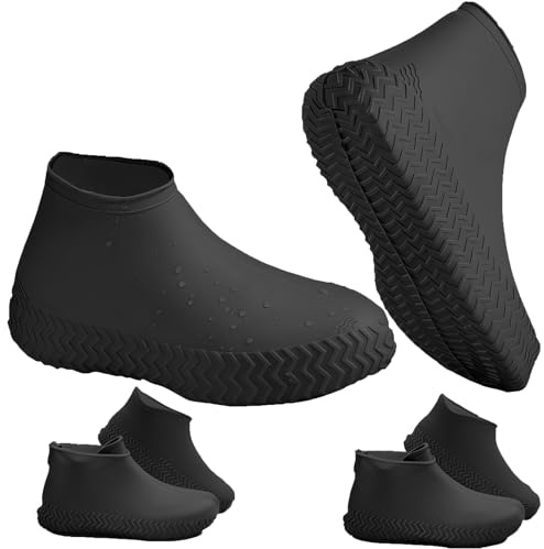 Ahigh Cubrezapatos de látex impermeables y antideslizantes, 3 pares de fundas gruesas para zapatos con suela de neumático para lluvia, bicicleta, nieve y barro (desechables/reutilizables), Negro , EU