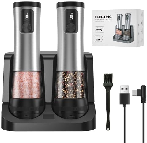 Electric Salt and Pepper Grinder Set, 2 Pack Rechargeable Automatic Pepper Mill, with Charging Base,5-Level, Display, LED Lighting,Large Capacity, Kitchen Gifts (2, Stainless Steel, USB Charging Base)