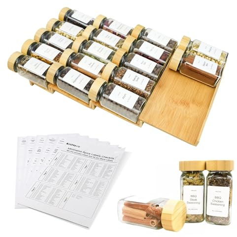 KitHero Spice Drawer Organizer with 20 Bamboo-lidded Spice Jars,216 Labels,25 Non-slip Rubber, Bamboo 4 Tier Seasoning Rack Tray Insert for Kitchen Drawers,Cabinets,Countertop,9 Wide x 15.8 Deep