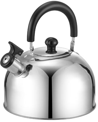 Hervidor de agua con silbato de acero inoxidable – Hervidor de camping 2L/3L de fondo | Para cocinas de gas e inducción | Mango plegable de ABS, diseño hemisférico para uso doméstico y