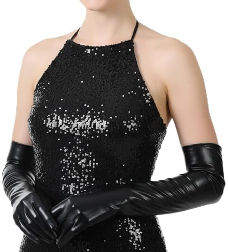 Women Wet Look Long Gloves, Faux Leather Adult Long Gloves for Women, Leather Elbow Length Glove, Cat Woman Accessories for Party, Cosplay, Date Night, Halloween, 80's Opera, Banquet and Dance (Black)