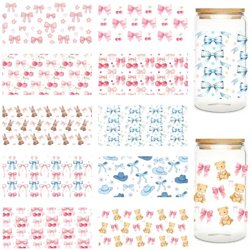 PRESSINART 10 ark 10 stilar UV DTF kopp wrap klistermärken rosett överföring klistermärken för 473 ml glaskoppar kokett körsbär design vattentät gnugga på överföringsdekaler för gör-det-själv hantverk